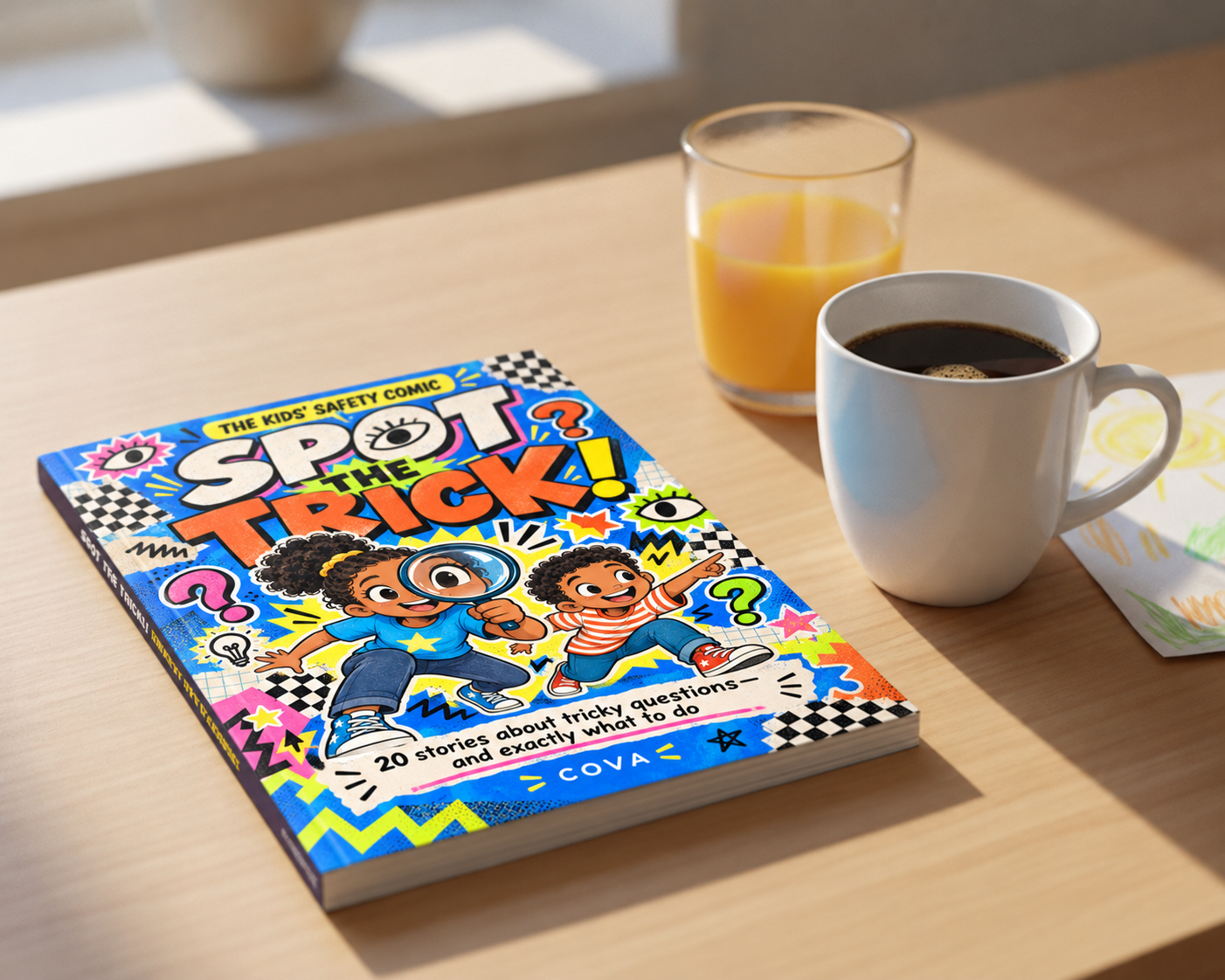The Spot the Trick hardcover on a kitchen table in morning light