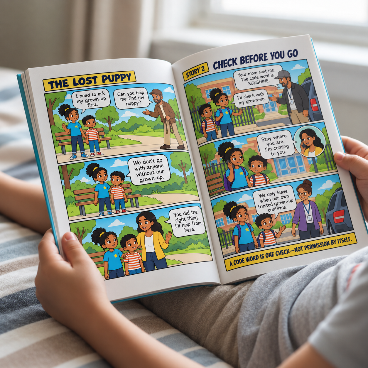 A child reading the new Spot the Trick comic pages