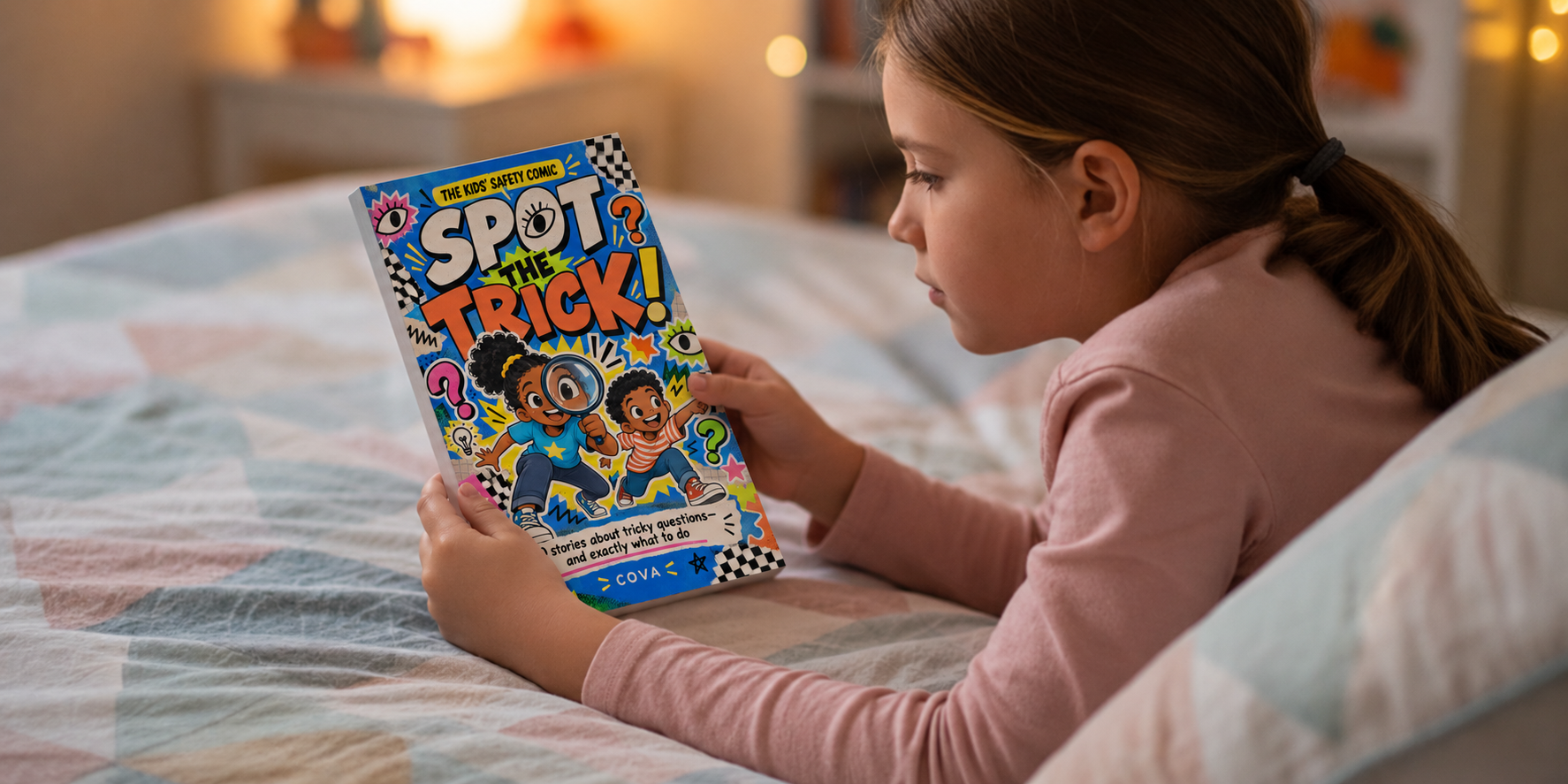 A child reading Spot the Trick on a bed