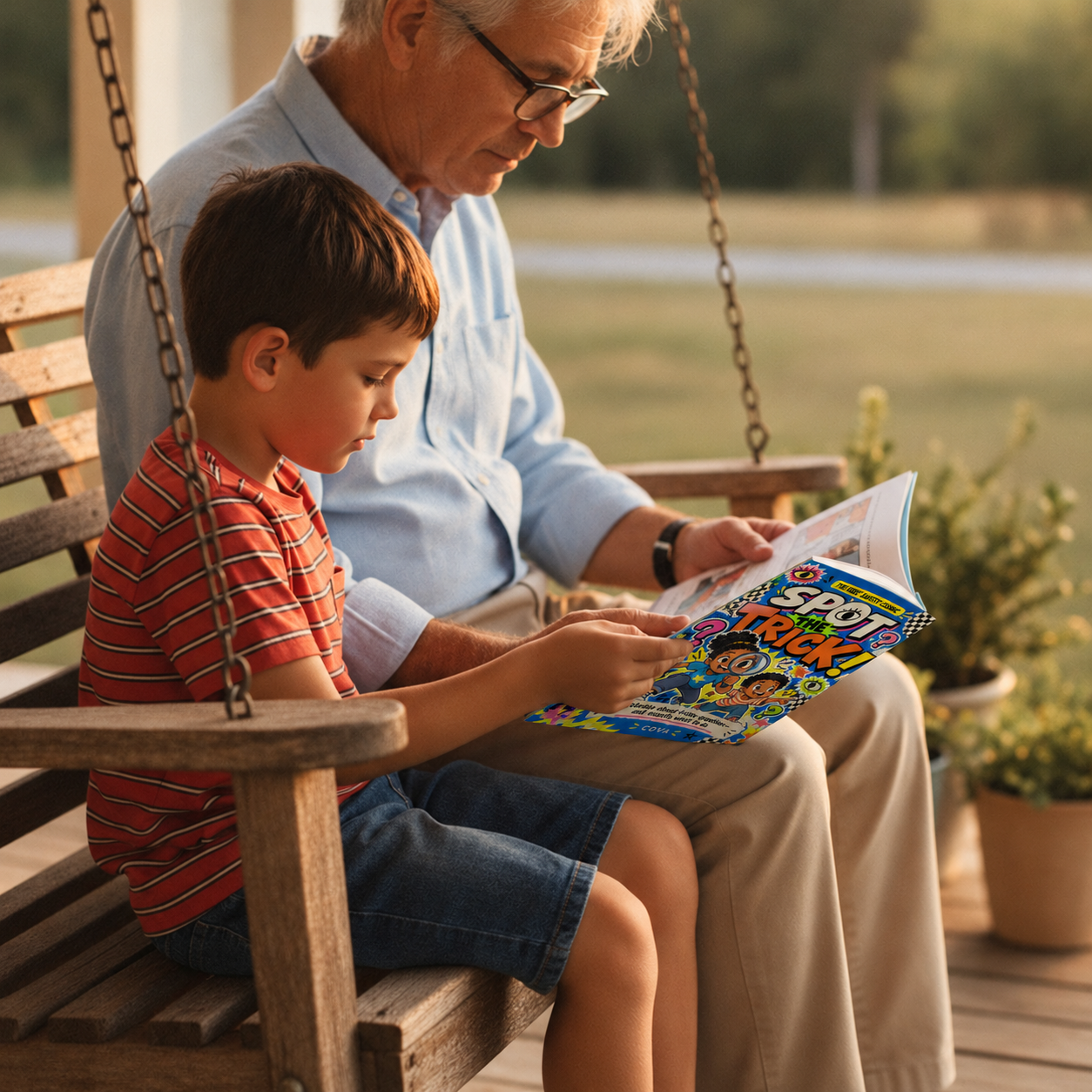 A grandfather and grandchild reading Spot the Trick on a porch swing