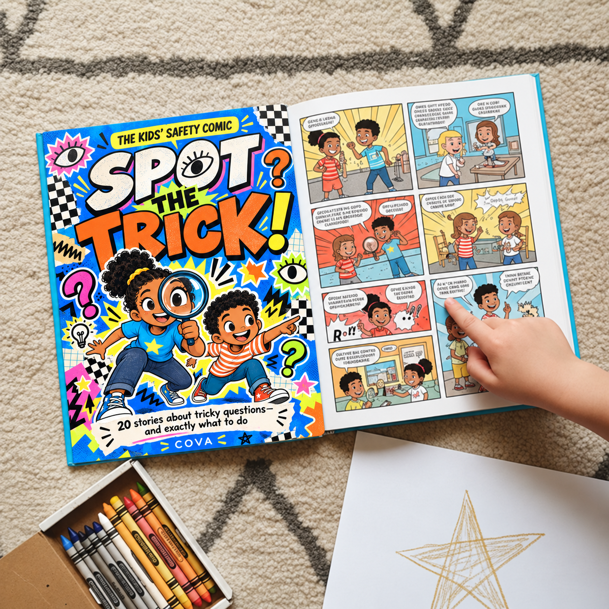 Spot the Trick open on a rug next to crayons and a filled-in certificate