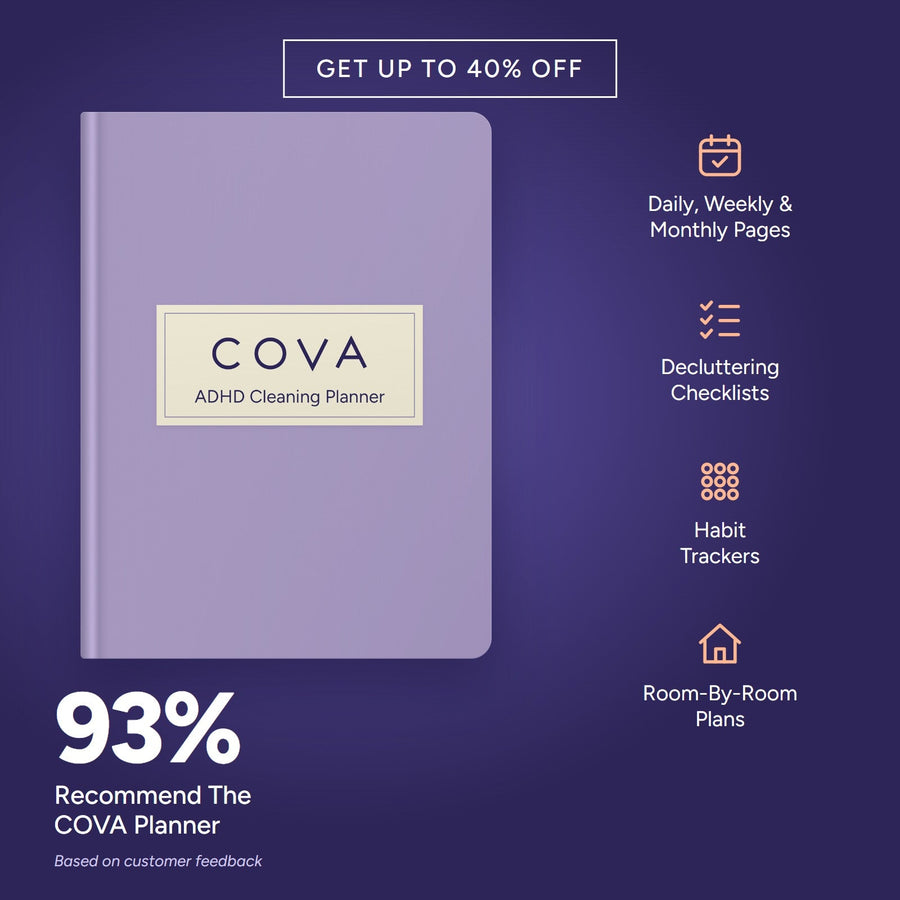 The COVA ADHD Cleaning Planner: daily, weekly and monthly pages, checklists, trackers and room plans