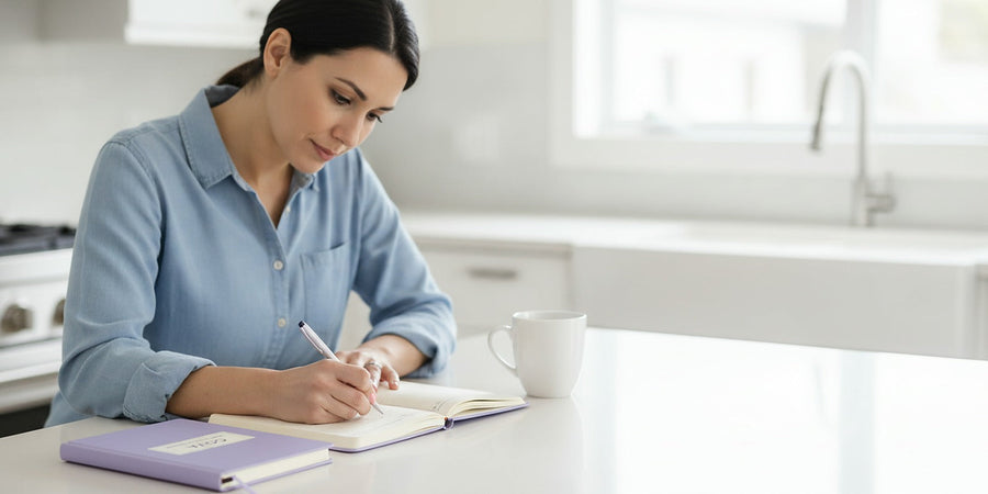 A woman writing in the planner at a tidy kitchen counter