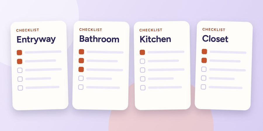 Room-by-room checklists for the entryway, bathroom, kitchen and closet