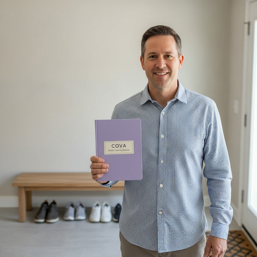A man in a tidy entryway holding the planner