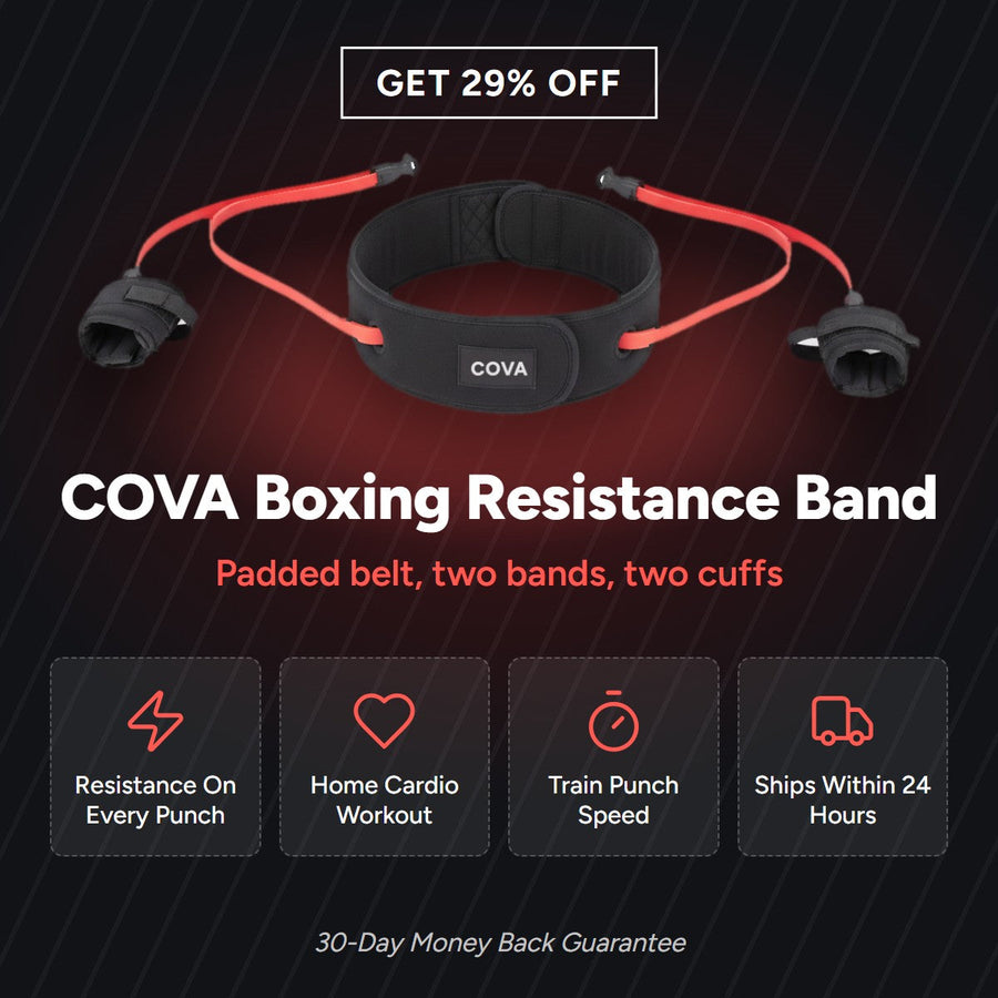 COVA Boxing Resistance Band with a sale badge and four product benefits