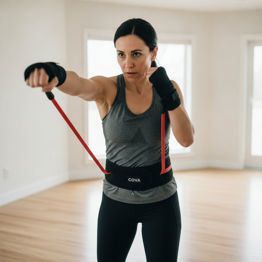 Woman throwing a punch at home with the COVA belt and bands