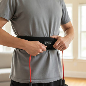 Hands fastening the padded COVA waist belt