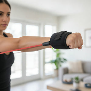 A fist in a padded cuff with the red resistance band stretched taut