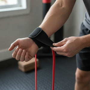 Hands closing the strap of a padded wrist cuff