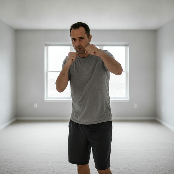 A man shadowboxing alone in an empty living room