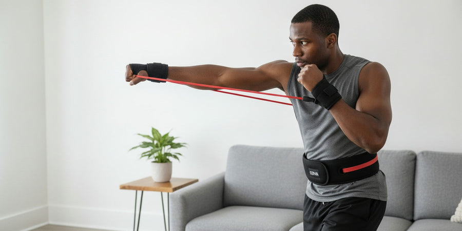 A man throwing a jab in his living room with the red band stretched from his belt to his cuff