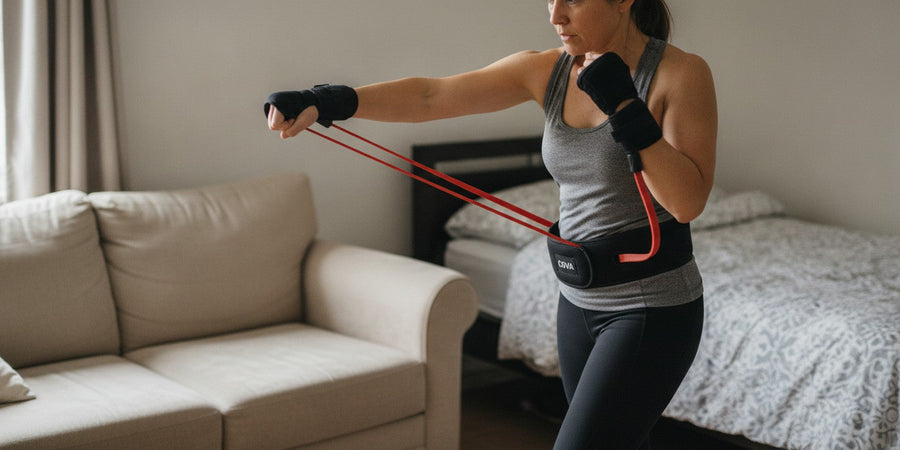 A woman shadowboxing in a small apartment with a sofa and a bed