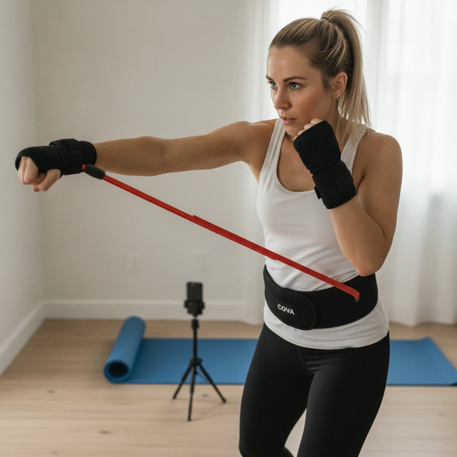 Jenna in her bedroom workout space throwing a left hook in the COVA belt