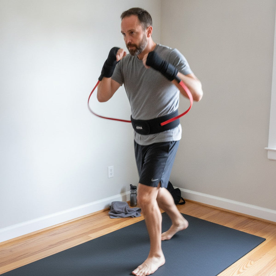 Mike on a mat at home doing footwork in the COVA belt