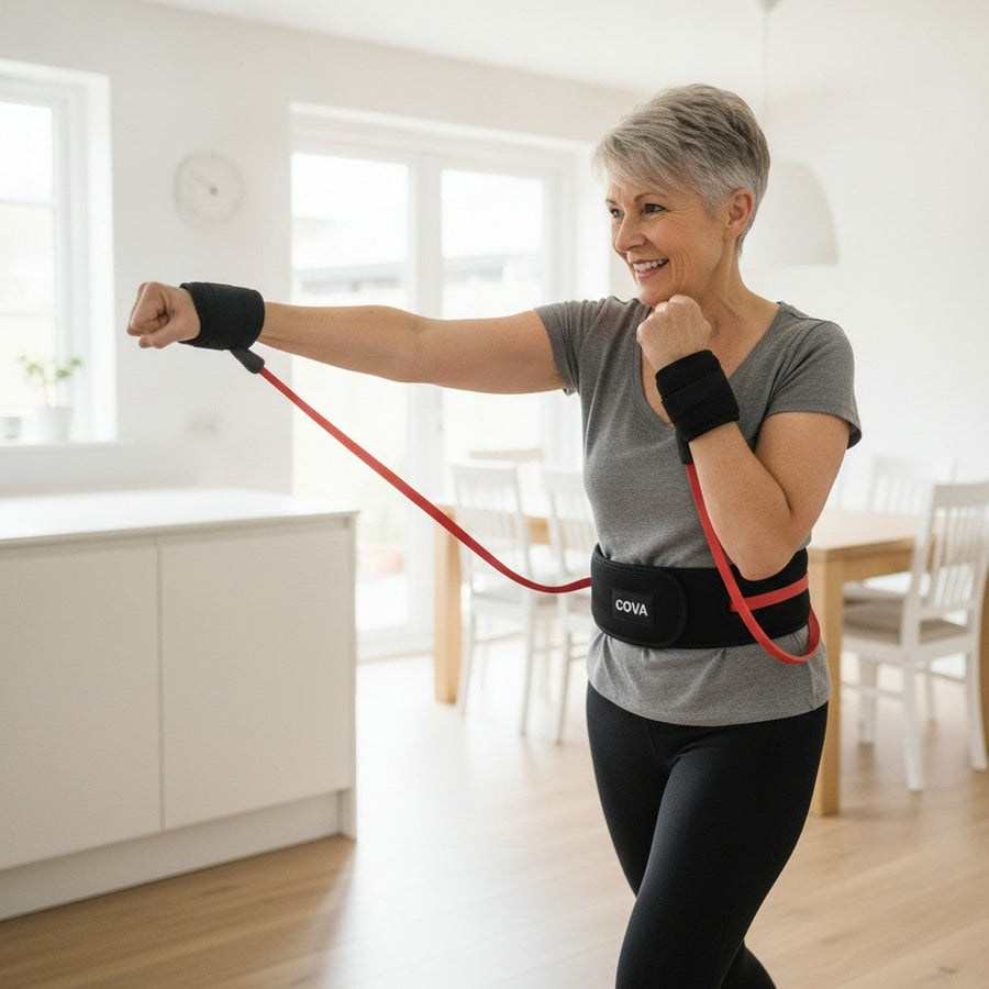 Carol in her kitchen throwing a jab-cross in the COVA belt