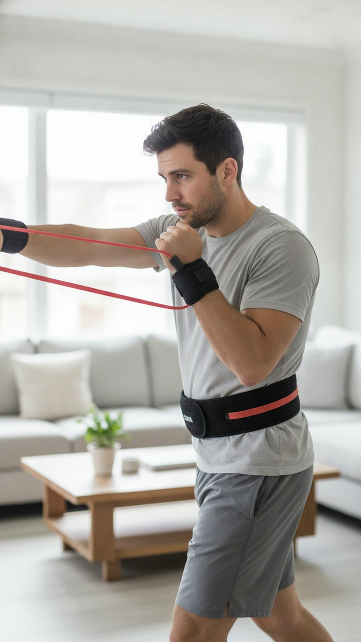 A man throwing a jab in his living room with the COVA belt and the red bands stretched