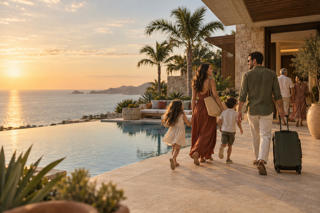 Family arriving at a coastal resort