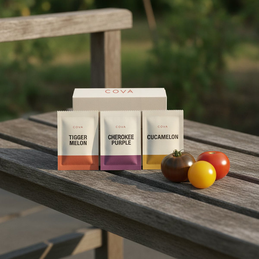 COVA seed box and packets on a garden bench with heirloom tomatoes