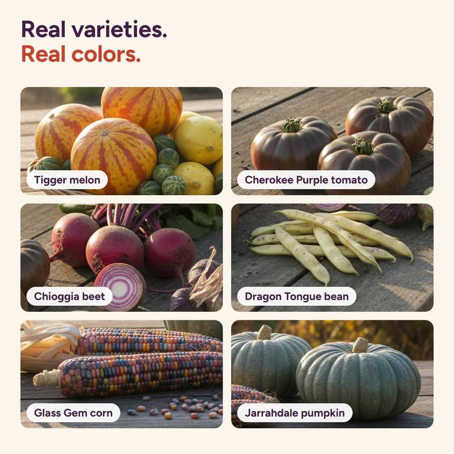A harvest of heirloom vegetables: Cherokee Purple tomatoes, Chioggia beets and dragon tongue beans