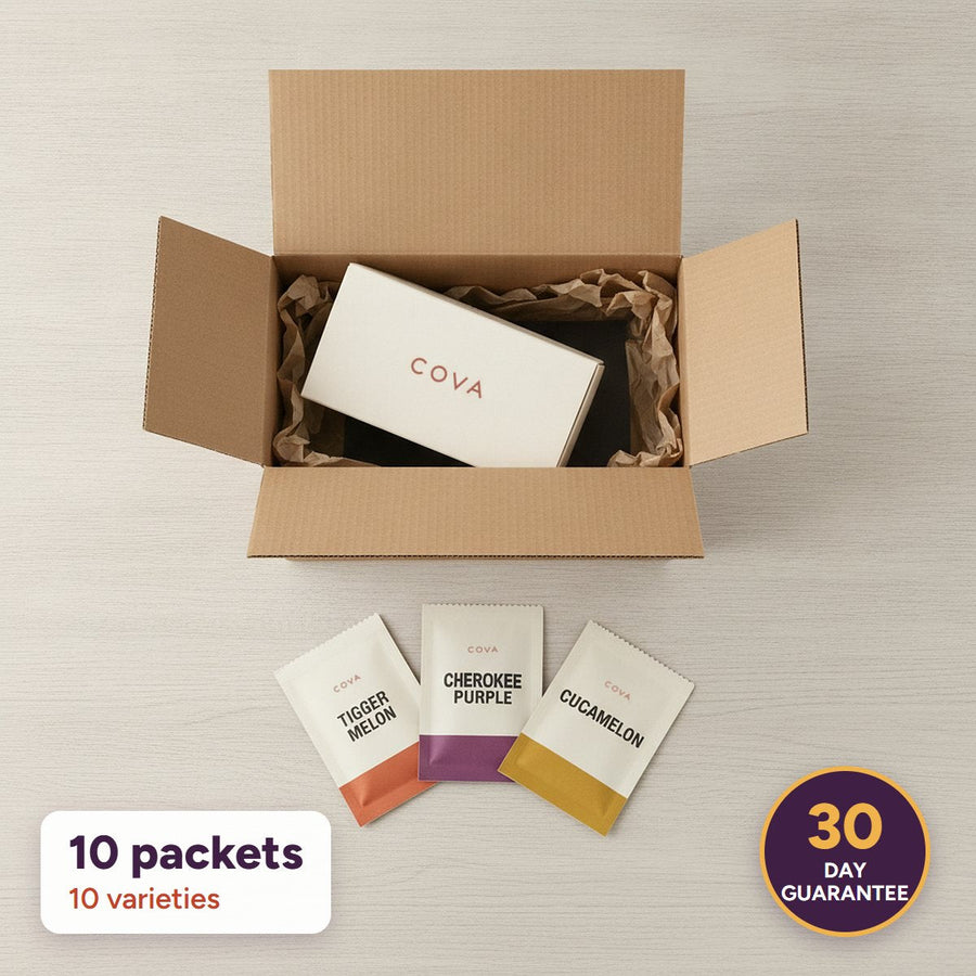 Unboxing the COVA seed box with 10 labeled seed packets