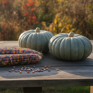 Glass Gem corn and Jarrahdale pumpkins on a garden table