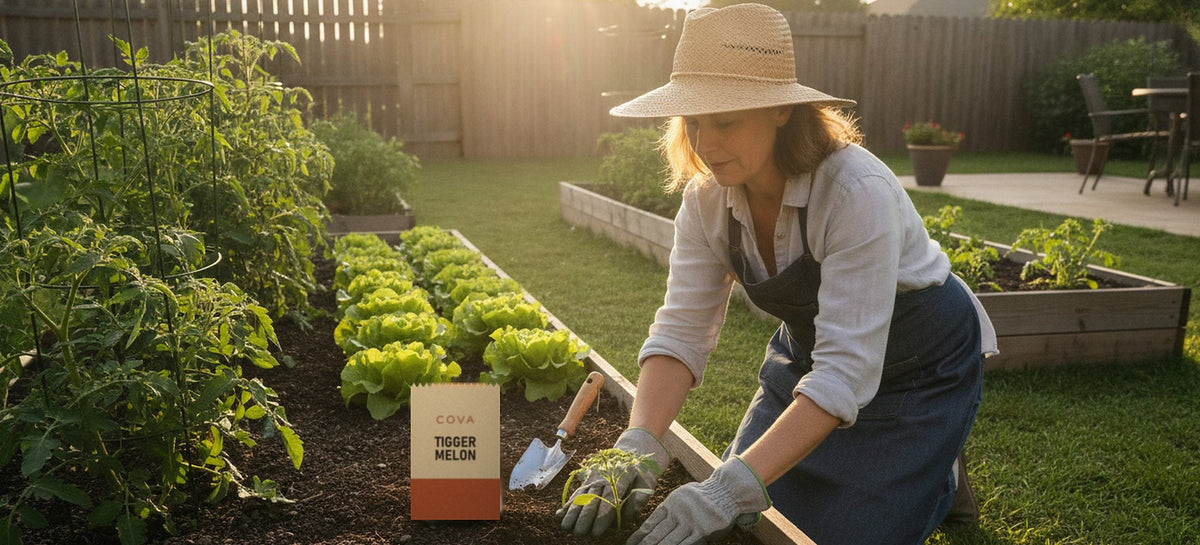 A woman kneeling at a raised bed planting a seedling in morning light