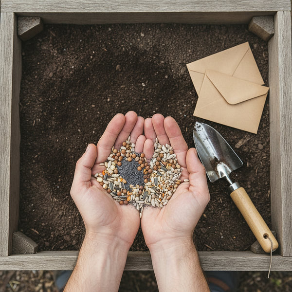 Hands holding a pile of mixed seeds over a raised bed with plain envelopes and a trowel