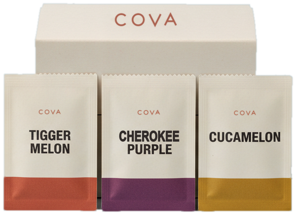 COVA seed box with three labeled seed packets