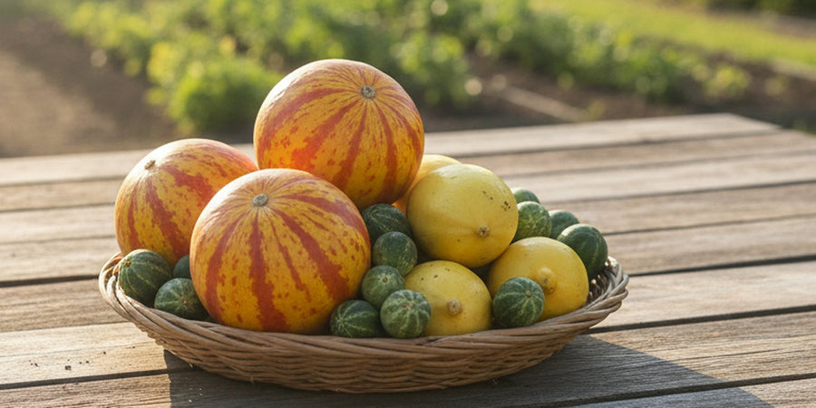 A basket of heirloom produce: Tigger melons, cucamelons and lemon cucumbers