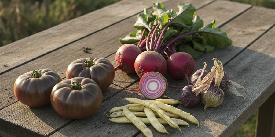 Cherokee Purple tomatoes, Chioggia beets, Dragon Tongue beans and purple tomatillos on a garden table