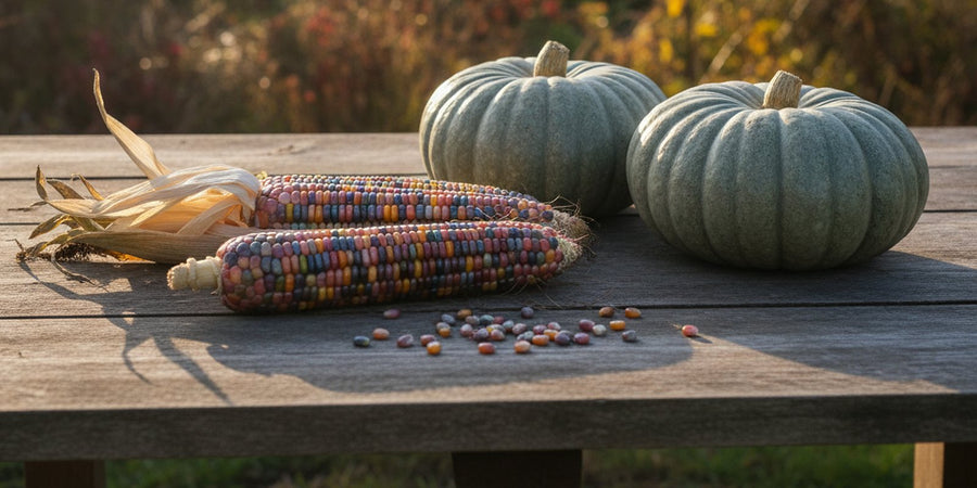 Glass Gem corn and Jarrahdale pumpkins on a garden table