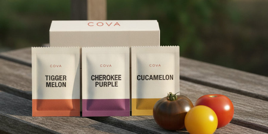 COVA seed packets on a garden table