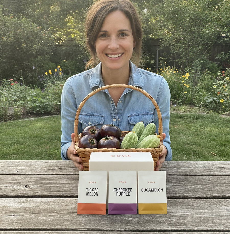 A woman at a backyard table with a basket of heirloom tomatoes and cucumbers and the COVA seed box in front of her
