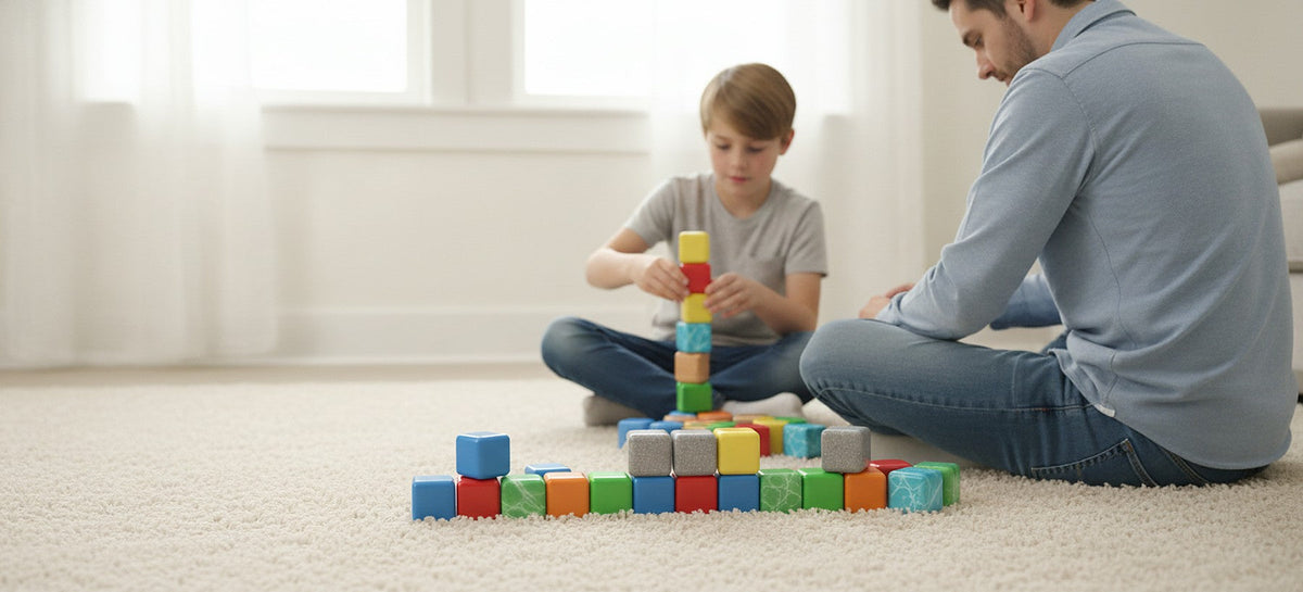 A parent and an eight-year-old building a tall tower and a long wall from cubes on a rug