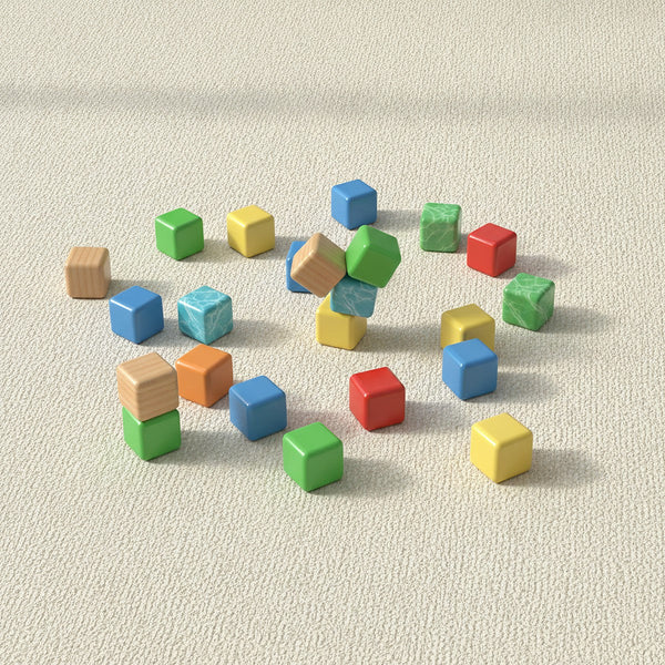 Colorful cubes scattered across a rug with a half-built tower