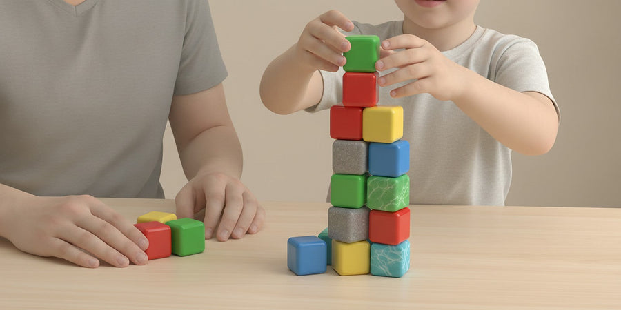 A child placing a cube on a tall tower of cubes while a parent rests a hand on the table