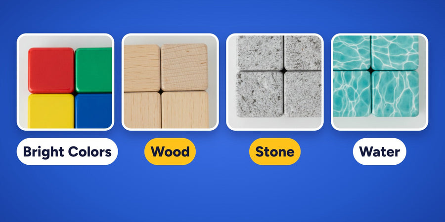 Cubes in plain colors and wood, stone and water designs