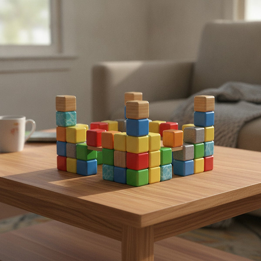 A castle with four towers built from cubes on a living room coffee table