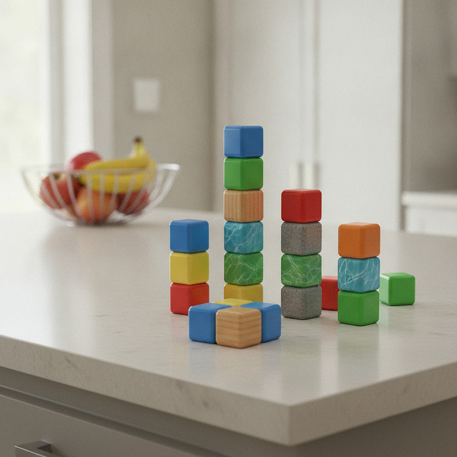 A skyline of towers built from cubes on a kitchen counter