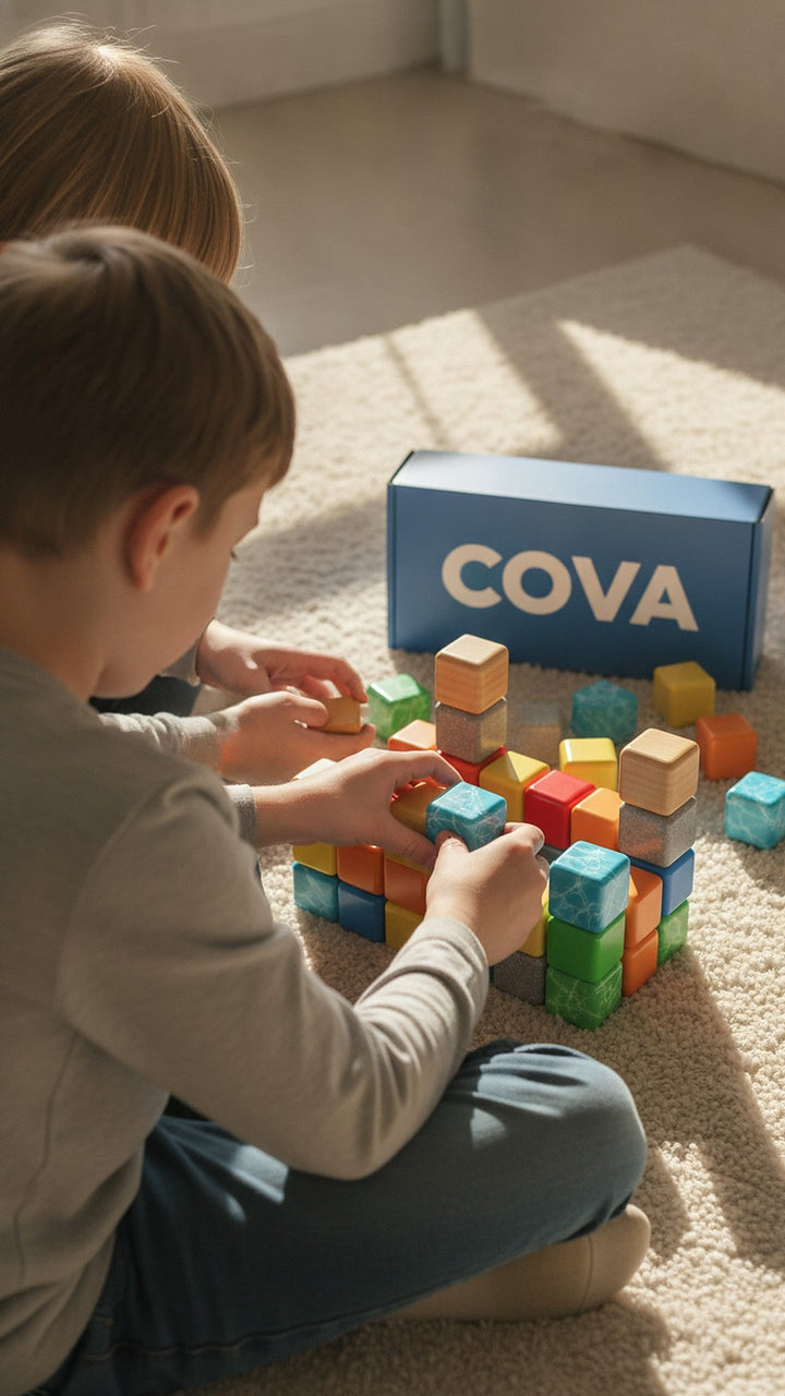 A parent and child building with COVA cubes