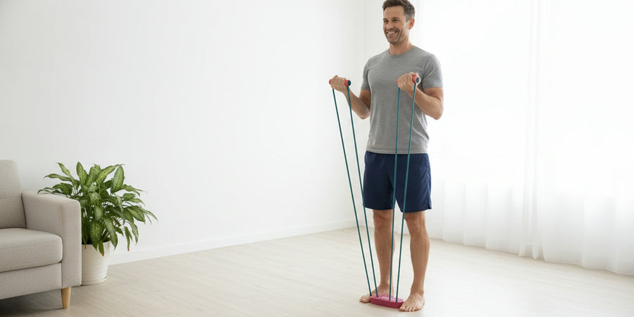 Man standing on the COVA pedal pulling the handles to his shoulders