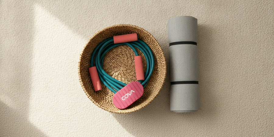 COVA band coiled in a woven basket next to a rolled yoga mat
