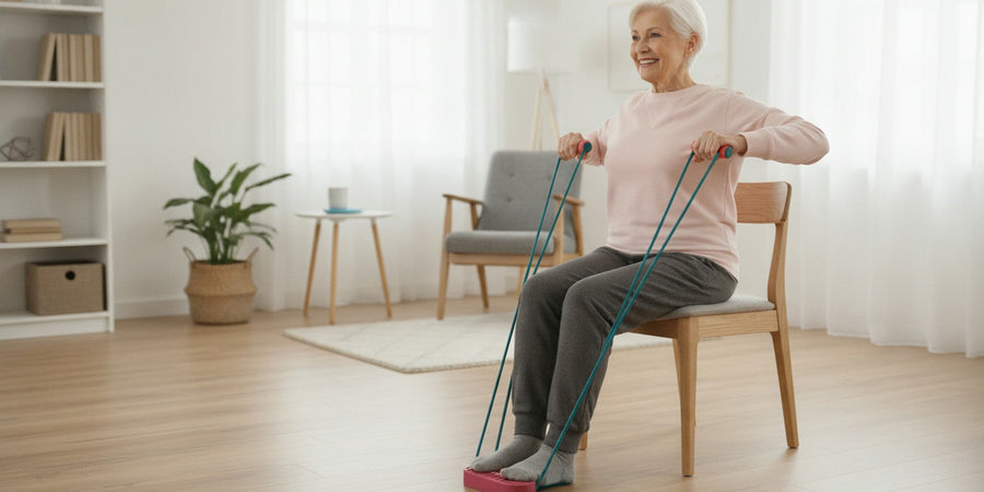 Smiling woman in her sixties doing a seated row on a chair with the COVA band
