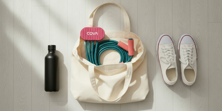 COVA band coiled in a canvas tote bag next to sneakers and a water bottle