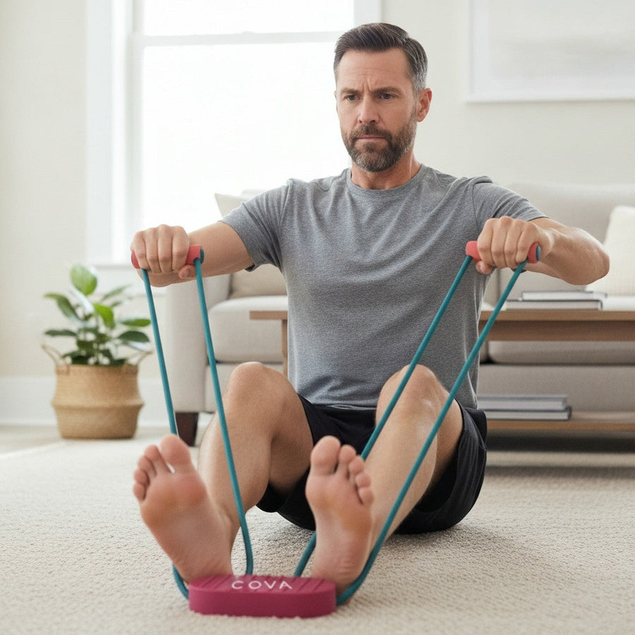 Man doing a seated row with the COVA band on his living room carpet