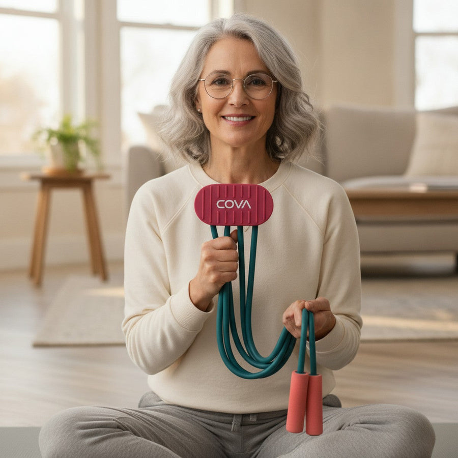 Woman in her fifties holding up the COVA pedal and handles and smiling