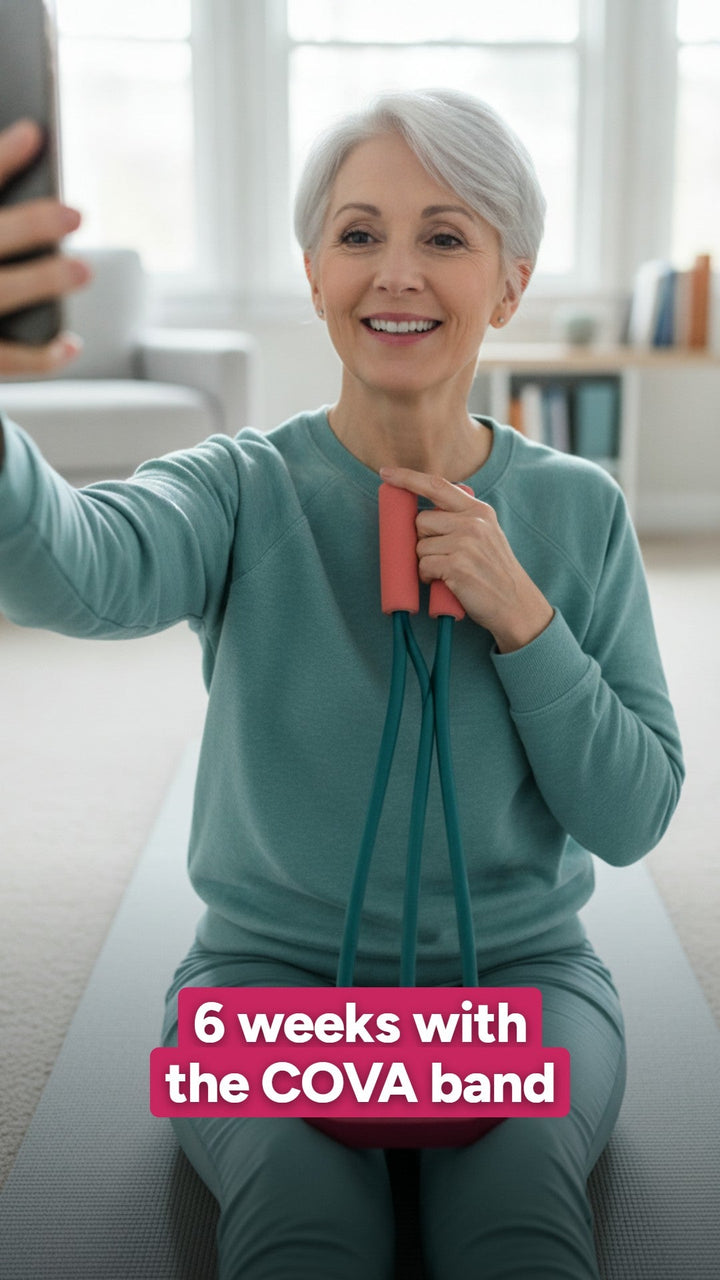 Woman on a mat talking about her COVA pedal band