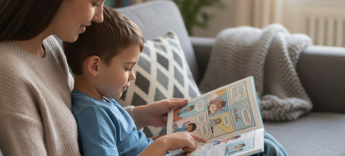 A parent and child reading Spot the Trick together on a couch