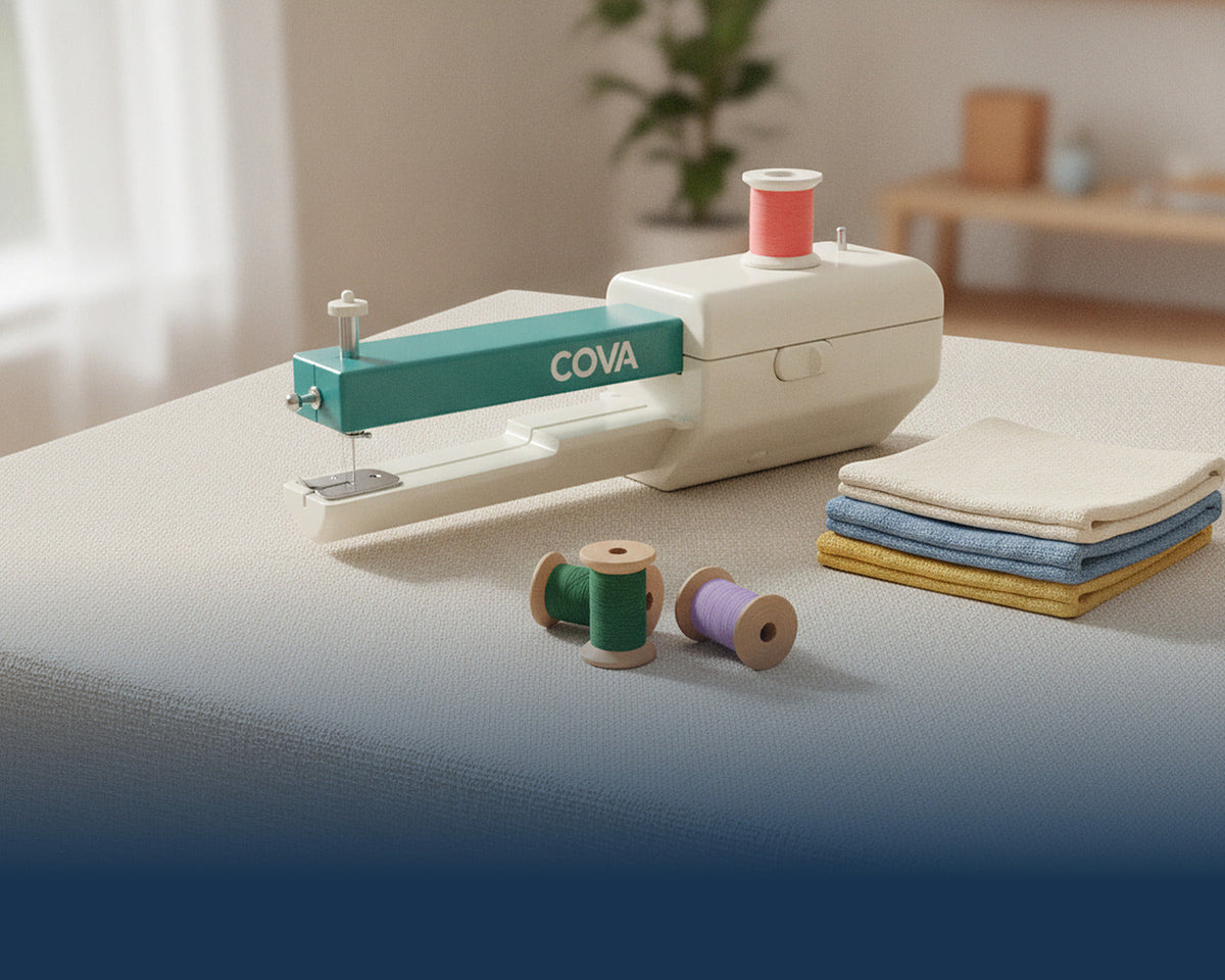 The COVA handheld sewing machine resting on a linen table with folded fabric and thread spools